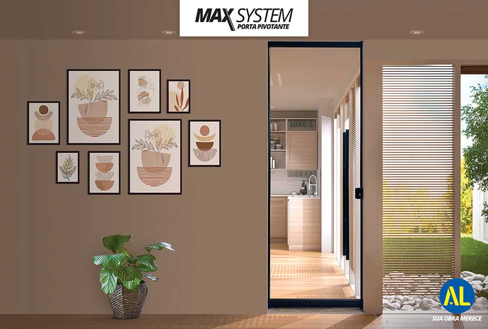 Por sua vez, a porta pivotante Max System adiciona elegância e sofisticação a qualquer projeto. Portanto, ela se torna a escolha ideal para entradas principais e ambientes que exigem um toque de exclusividade.