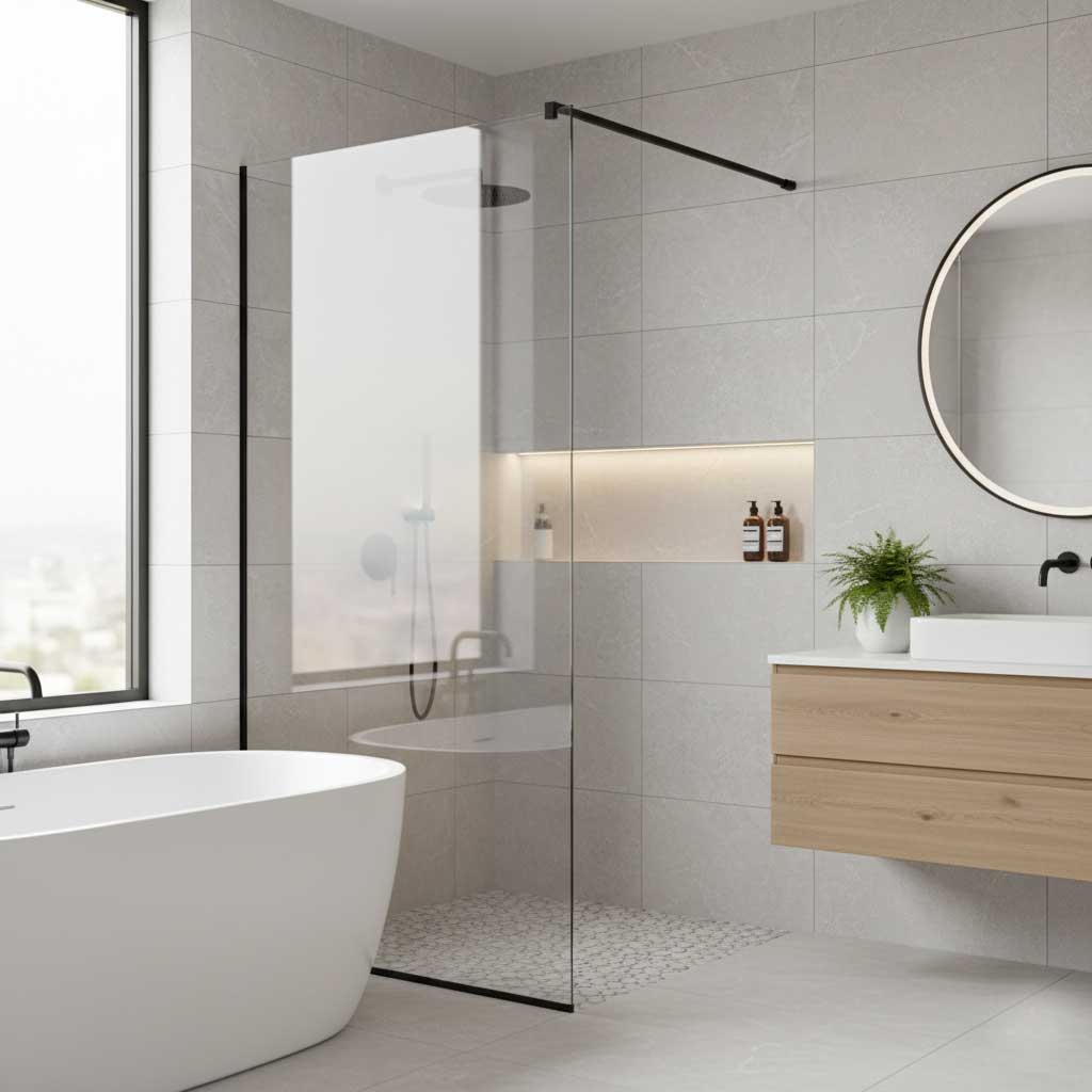 Box "Walk-in": Sem portas, esse tipo de box cria uma sensação de amplitude e minimalismo. Geralmente, ele é composto por um único painel de vidro fixo, proporcionando um visual elegante e clean.