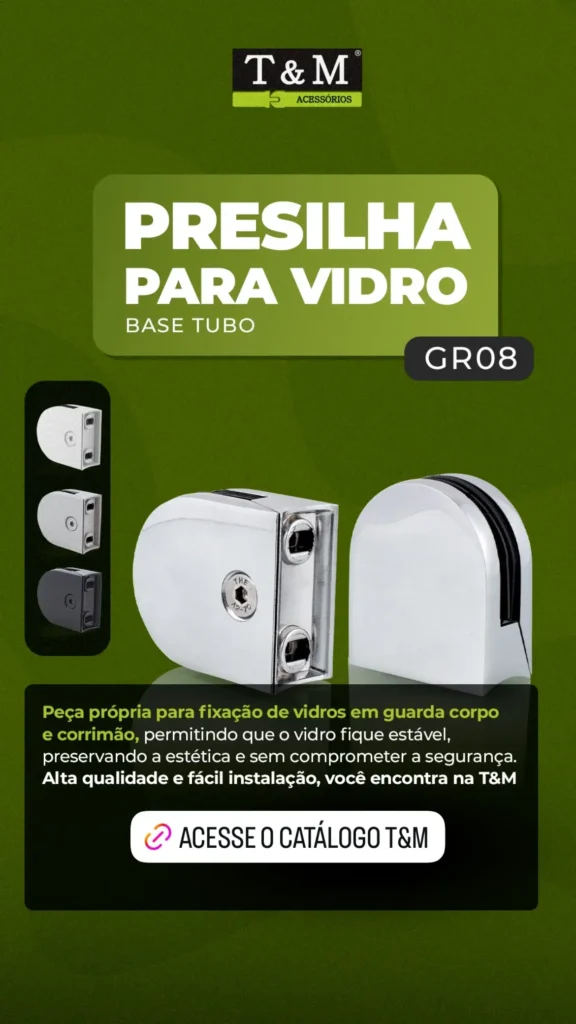 Presilha para Vidro Base Tubo - GR08 Peça própria para fixação de vidros em guarda corpo e corrimão, permitindo que o vidro fique estável, preservando a estética e sem comprometer a segurança.