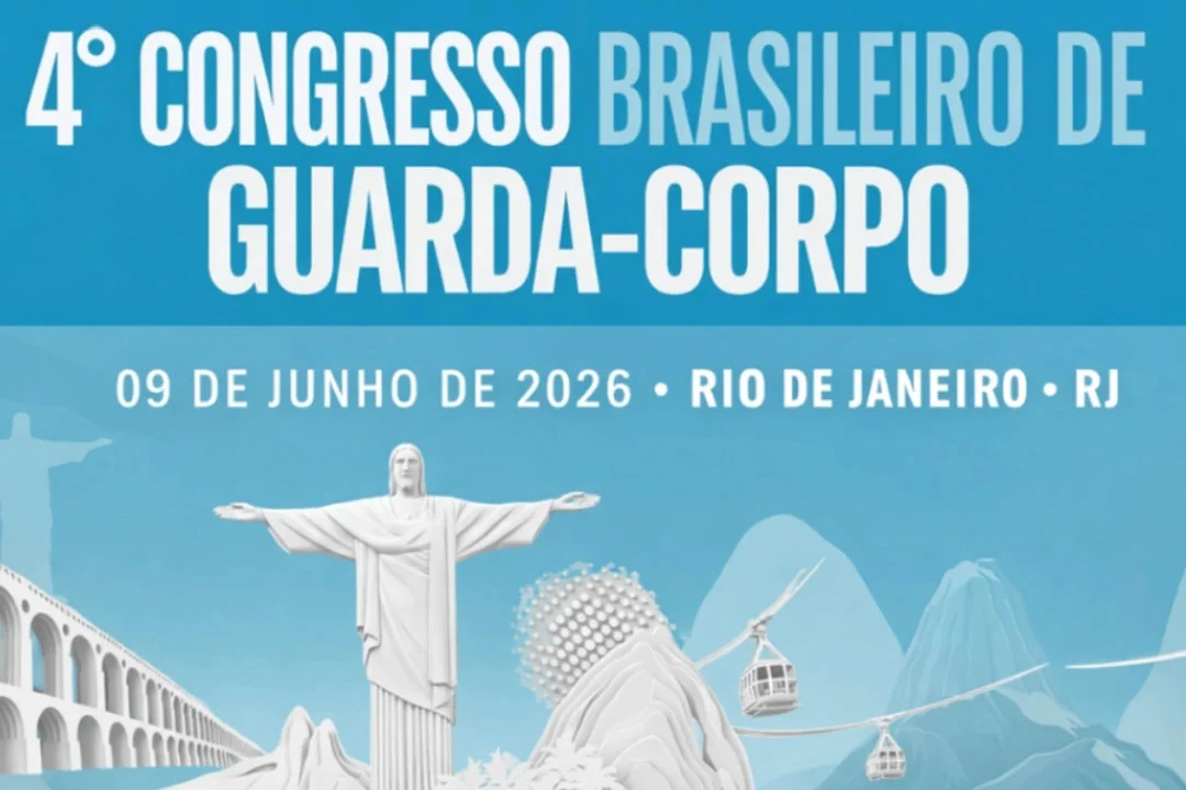 Card digital com fundo azul claro e ilustrações brancas de pontos turísticos do Rio de Janeiro, como o Cristo Redentor, Arcos da Lapa e o Bondinho do Pão de Açúcar. No topo, o texto em destaque: "4º Congresso Brasileiro de Guarda-Corpo". Logo abaixo, as informações: "09 de junho de 2026 • Rio de Janeiro • RJ".