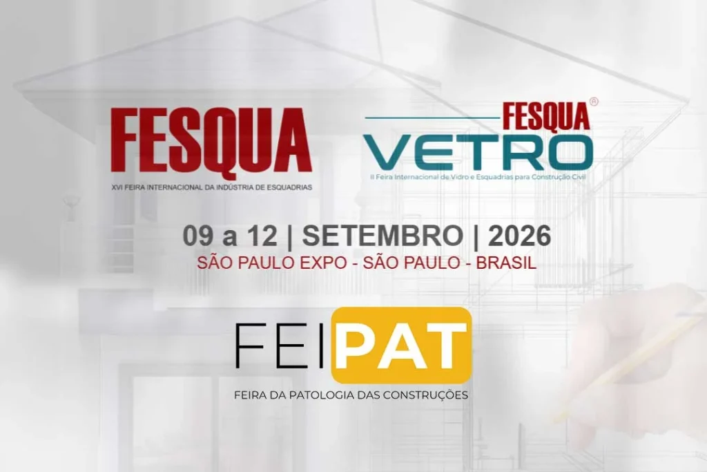 Logotipos das feiras de negócios FESQUA (XVI Feira Internacional da Indústria de Esquadrias), FESQUA VETRO (II Feira Internacional de Vidro e Esquadrias para Construção Civil) e FEIPAT (Feira da Patologia das Construções). No centro da imagem, o texto indica a data e o local do evento: 09 a 12 de setembro de 2026, no São Paulo Expo, em São Paulo, Brasil. O fundo tem um tom claro e exibe o desenho técnico de uma fachada residencial em linhas finas.