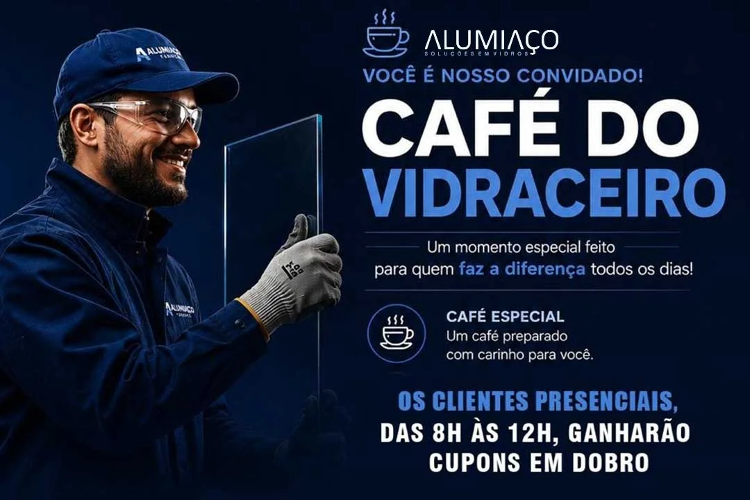 Vidraceiro segurando chapa de vidro durante divulgação do Café do Vidraceiro da Alumiaço Salvador. Evento especial para profissionais do setor vidreiro com café da manhã, cupons em dobro e sorteio promocional das 8h às 12h.