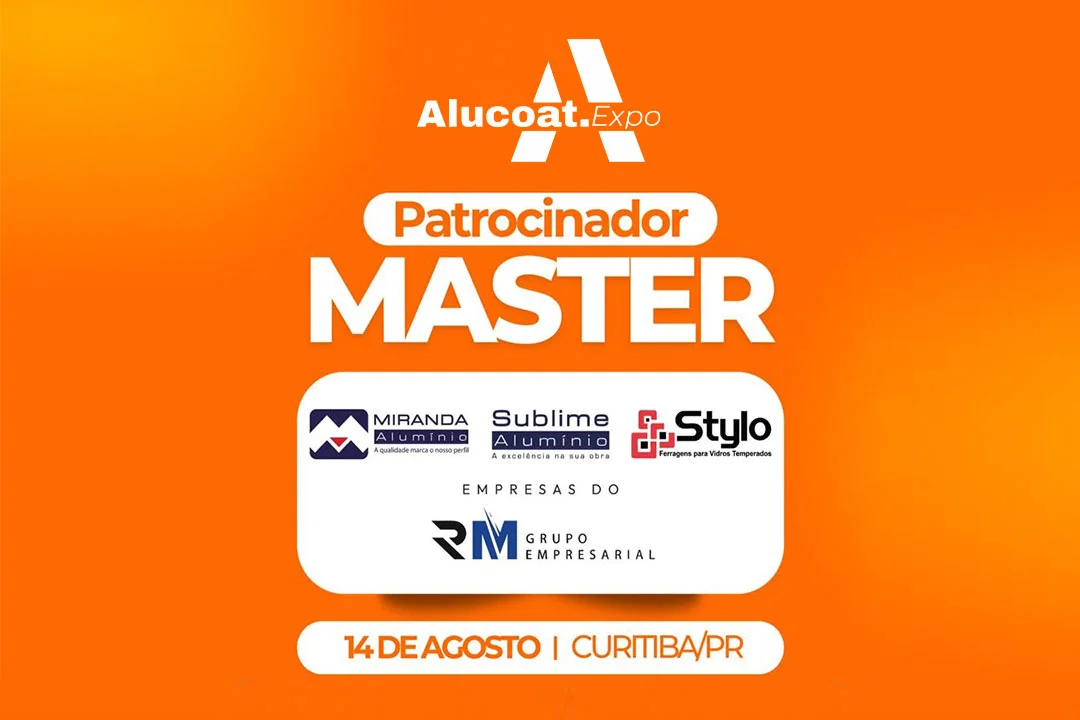 Uma imagem em fundo laranja brilhante com degradê central, anunciando o patrocínio master para a Alucoat.Expo. No topo, o logotipo branco da "Alucoat.Expo". Abaixo, em destaque, as palavras "Patrocinador MASTER" em letras brancas grandes dentro de formas ovais. No centro, uma caixa branca arredondada contém os logotipos dos patrocinadores: "MIRANDA Alumínio" (com o slogan "A qualidade marca o nosso perfil"), "Sublime Alumínio" (com o slogan "A excelência na sua obra"), e "Stylo Ferragens para Vidros Temperados". Abaixo destes logotipos, as palavras "EMPRESAS DO" e o logotipo do "RM GRUPO EMPRESARIAL". No rodapé da imagem, dentro de outra forma oval branca, estão as informações do evento: "14 DE AGOSTO | CURITIBA/PR".