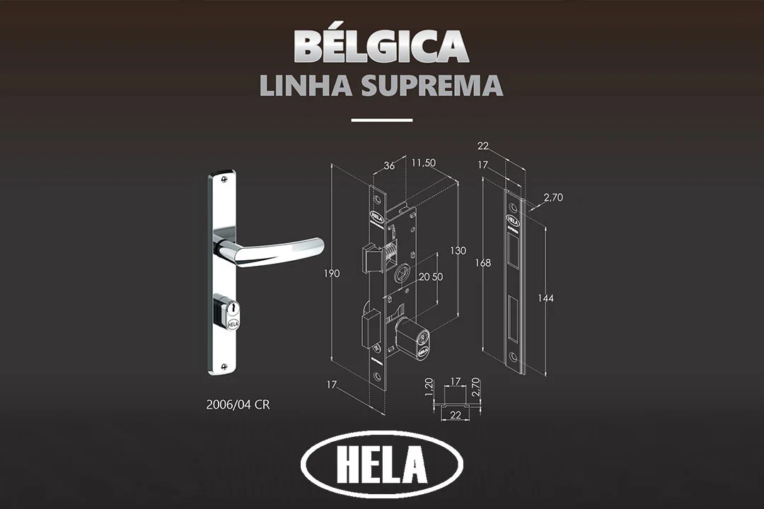 Fechadura HELA Bélgica Linha Suprema cromada 2006/04 CR. Gráfico com dimensões detalhadas para portas de esquadria. Fechadura de sobrepor com puxador.