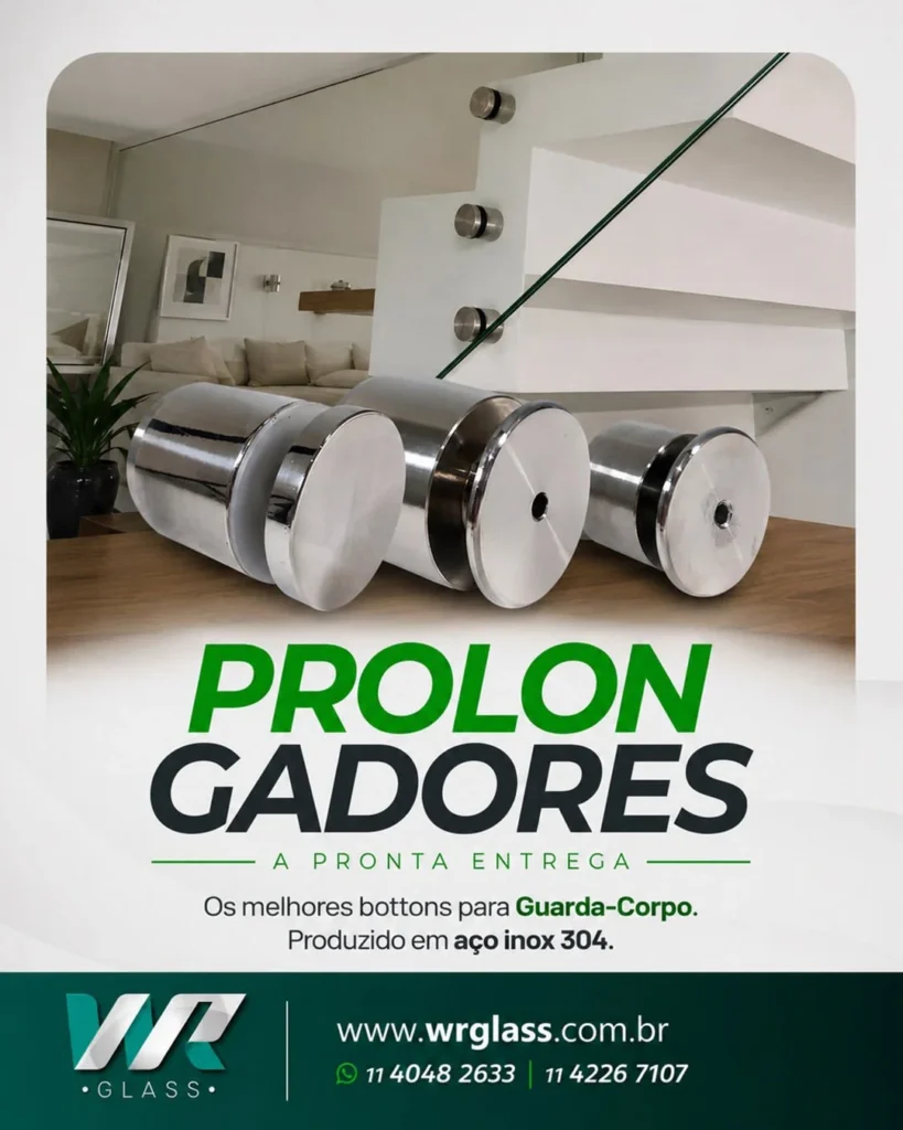 Prolongadores de vidro em aço inox 304 da WR Glass de diferentes diâmetros em exibição. Imagem com texto "Prolongadores a pronta entrega".