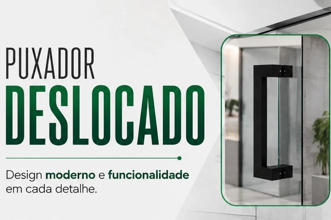 Puxador deslocado preto fosco instalado em porta de vidro temperado com design moderno e ergonômico WR Glass.
