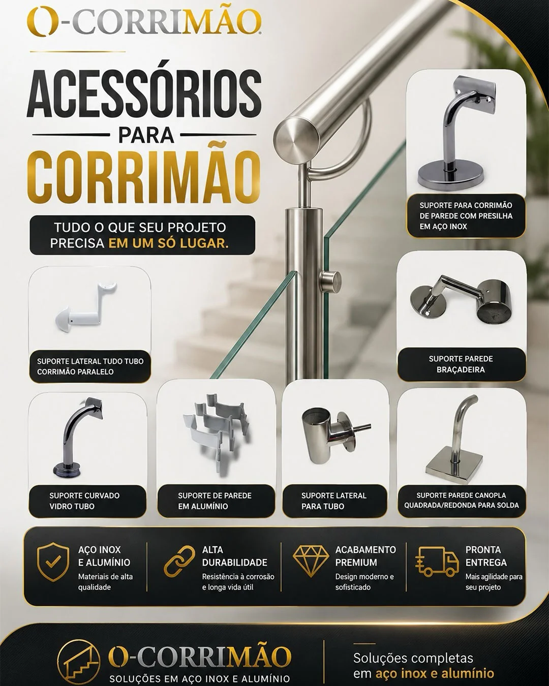 Catálogo de acessórios para corrimão em aço inox e alumínio Ocorrimão, com suportes de parede, braçadeiras, suportes laterais para tubo e presilhas para guarda-corpo de vidro.