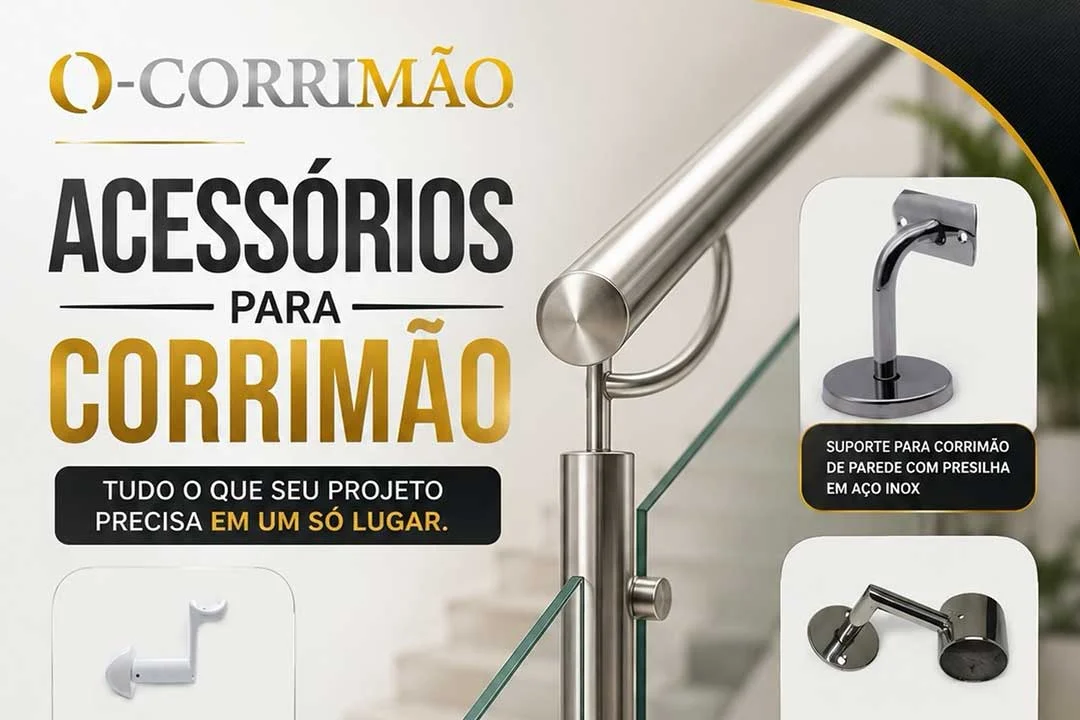 Acessórios para corrimão e guarda-corpo de vidro em aço inox e alumínio Ocorrimão, incluindo suportes de parede e presilhas.