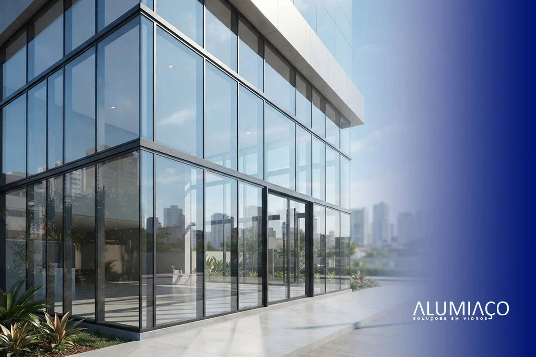 Fachada moderna de vidro temperado e laminado com esquadrias de alumínio da Alumiaço (Grupo Marcolan) refletindo o skyline de Salvador, destacando a transparência e a segurança conforme as normas ABNT. Logotipo da Alumiaço no canto inferior direito da imagem.