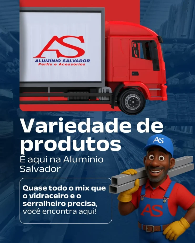 Mascote sorridente da Alumínio Salvador, vestido como serralheiro com uniforme e boné azuis e luvas amarelas, segurando barras de alumínio sobre o ombro. Ao fundo, um caminhão vermelho de entregas com a logomarca "AS Alumínio Salvador Perfis e Acessórios". Um banner de texto destaca: "Variedade de produtos é aqui na Alumínio Salvador. Quase todo o mix que o vidraceiro e o serralheiro precisa, você encontra aqui!".