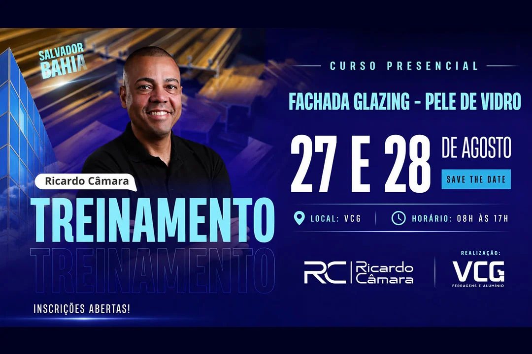 anner de divulgação do curso presencial de Fachada Glazing e Pele de Vidro com Ricardo Câmara em Salvador, Bahia. Inscrições abertas para o treinamento nos dias 27 e 28 de agosto.