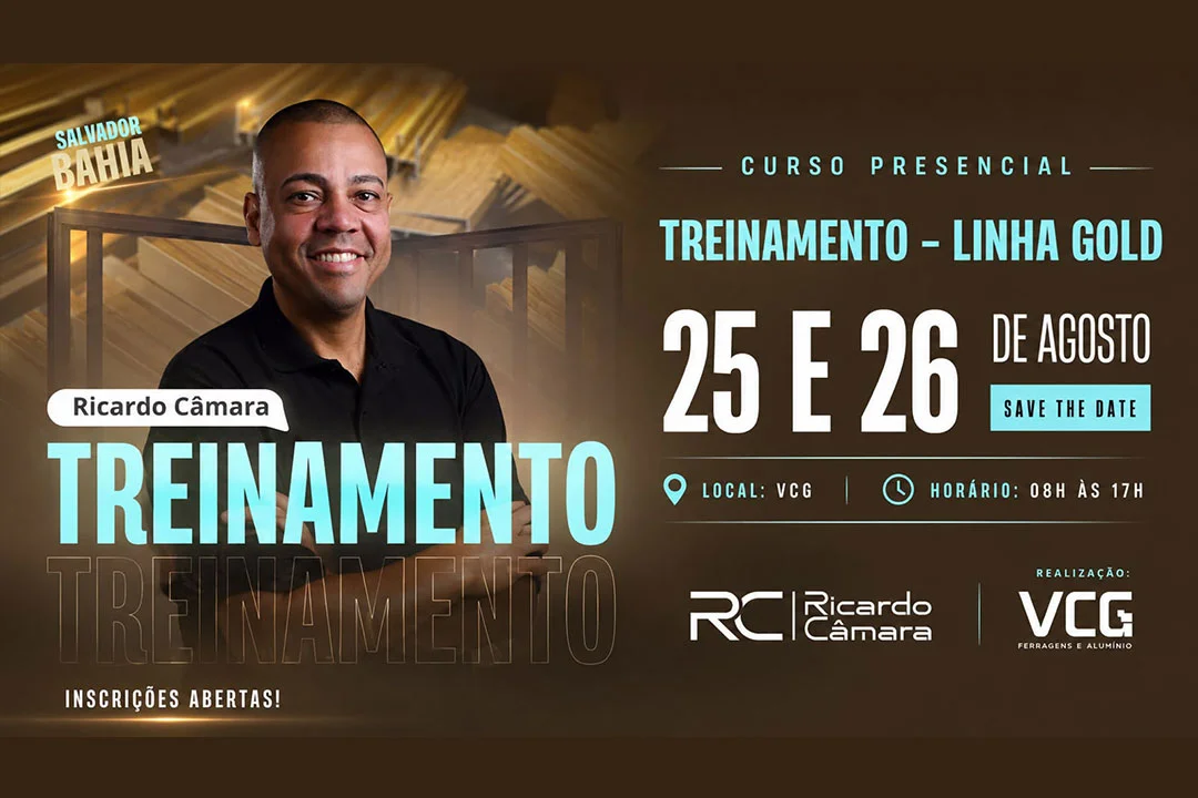 Banner do treinamento presencial de esquadrias Linha Gold ministrado por Ricardo Câmara em Salvador, Bahia. Inscrições abertas para os dias 25 e 26 de agosto.
