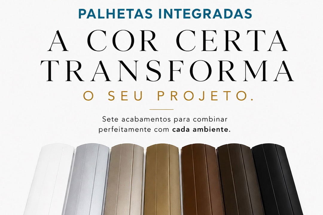 Palhetas integradas de alumínio para persianas da Alumifix em 7 cores diferentes, com especificações técnicas e isolamento térmico para projetos de esquadrias.