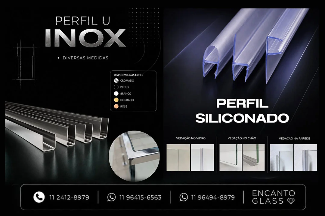 Perfil U em aço inox em diversas cores e perfil siliconado transparente para vedação de vidro em chão, parede e box - Encanto Glass