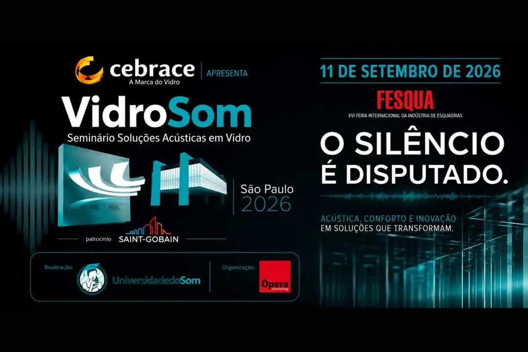 Banner do 19º VidroSom 2026, seminário de soluções acústicas em vidro durante a FESQUA, em 11 de setembro, em São Paulo.