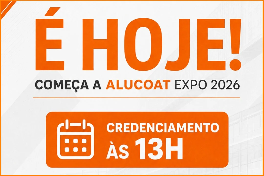 Banner promocional do evento Alucoat Expo 2026 destacando a frase É HOJE, informando início do credenciamento às 13h em São Paulo - SP.