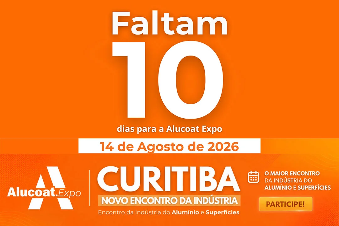 Banner da ALUCOAT EXPO 2026 em Curitiba (PR), destacando que faltam 10 dias para o maior encontro da indústria do alumínio e superfícies, em 14 de agosto de 2026.