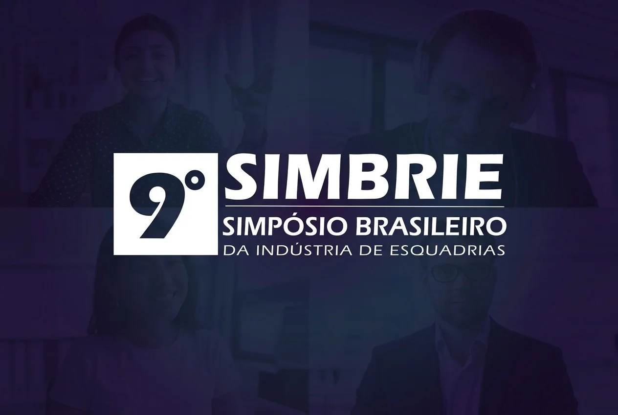Logotipo oficial do 9º SIMBRIE – Simpósio Brasileiro da Indústria de Esquadrias centralizado em fundo roxo escuro no formato retangular 1080x720, com imagens sutis e desfocadas de profissionais da construção civil e engenharia.