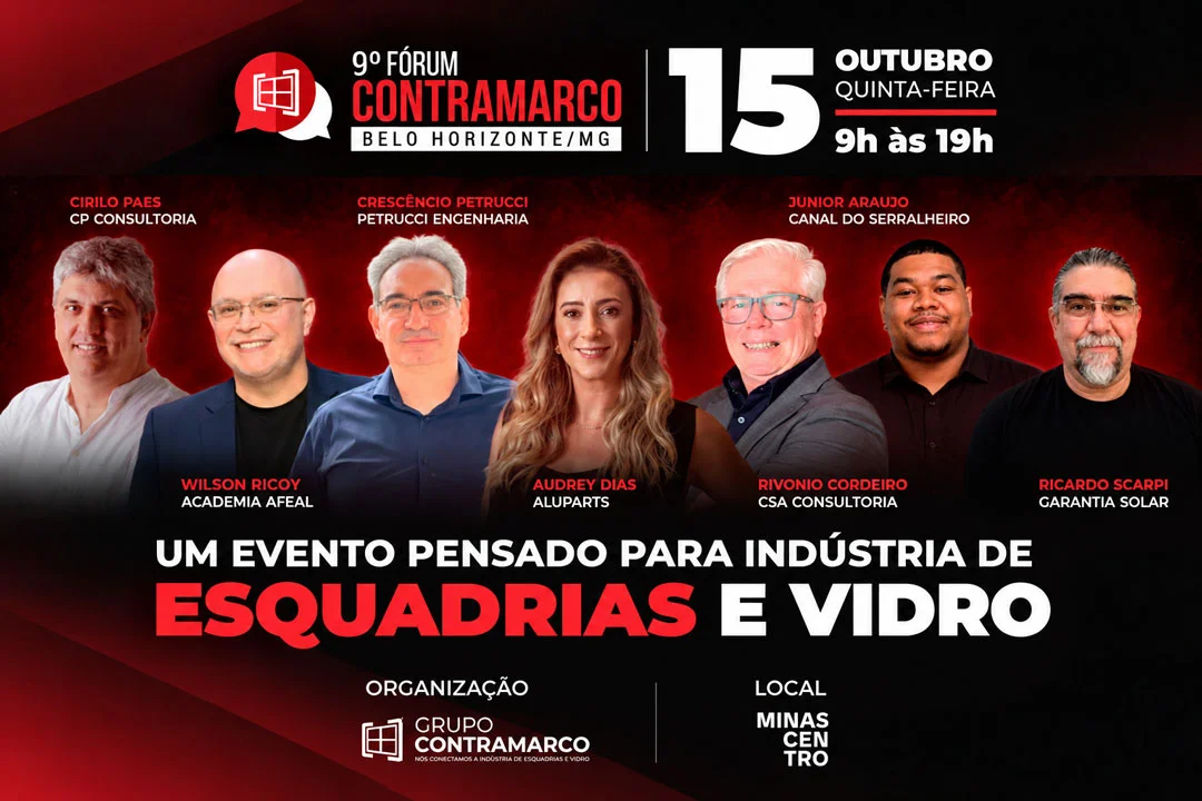 Arte do 9º Fórum Contramarco com sete palestrantes, evento da indústria de esquadrias e vidro em 15 de outubro de 2026, das 9h às 19h, no Minascentro, em Belo Horizonte (MG).