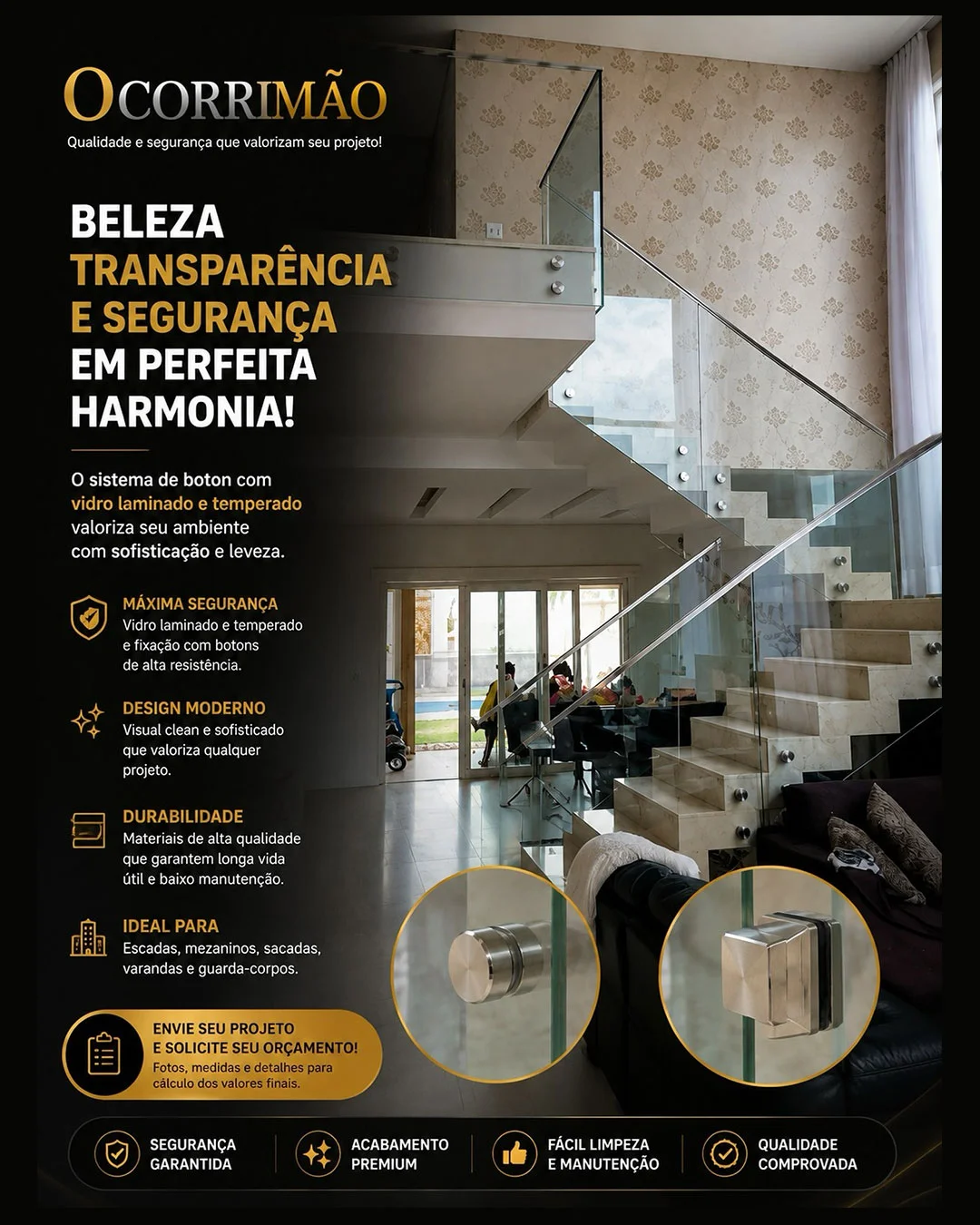 Guarda-corpo de escada e mezanino com vidro laminado e boton de aço inox OCorrimão