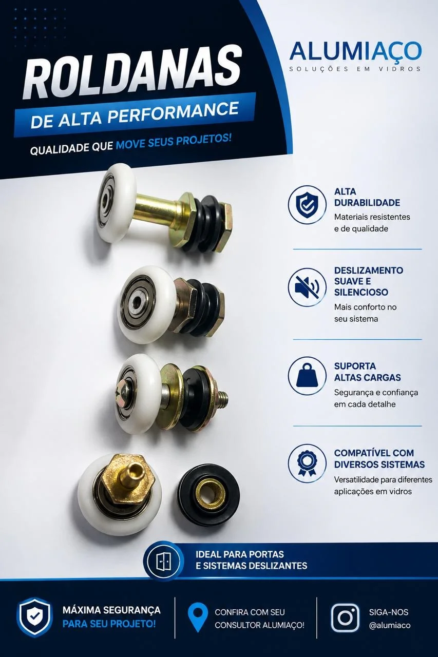 Catálogo de roldanas de alta performance para portas de vidro e sistemas deslizantes da Alumiaço em [Sua Cidade/UF]. Imagem exibe quatro modelos de roldanas com rolamentos, buchas e parafusos latonados, acompanhados de ícones informativos indicando alta durabilidade, deslizamento silencioso e suporte a altas cargas.