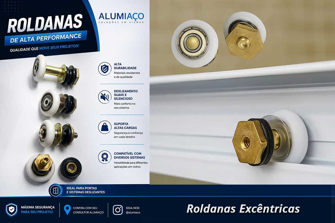 Banner institucional da Alumiaço destacando roldanas excêntricas de alta performance para portas de vidro e sistemas deslizantes. A imagem mostra diferentes modelos de roldanas com rolamento, parafusos latonados e acabamento em nylon branco e preto, além de um detalhe da roldana encaixada no trilho de alumínio.
