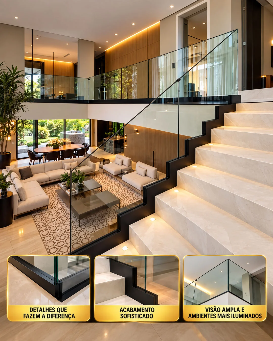 Guarda-corpo panorâmico de vidro com perfis pretos em escada de degraus claros e mezanino residencial, com três quadros destacando encaixes, acabamento e amplitude visual.