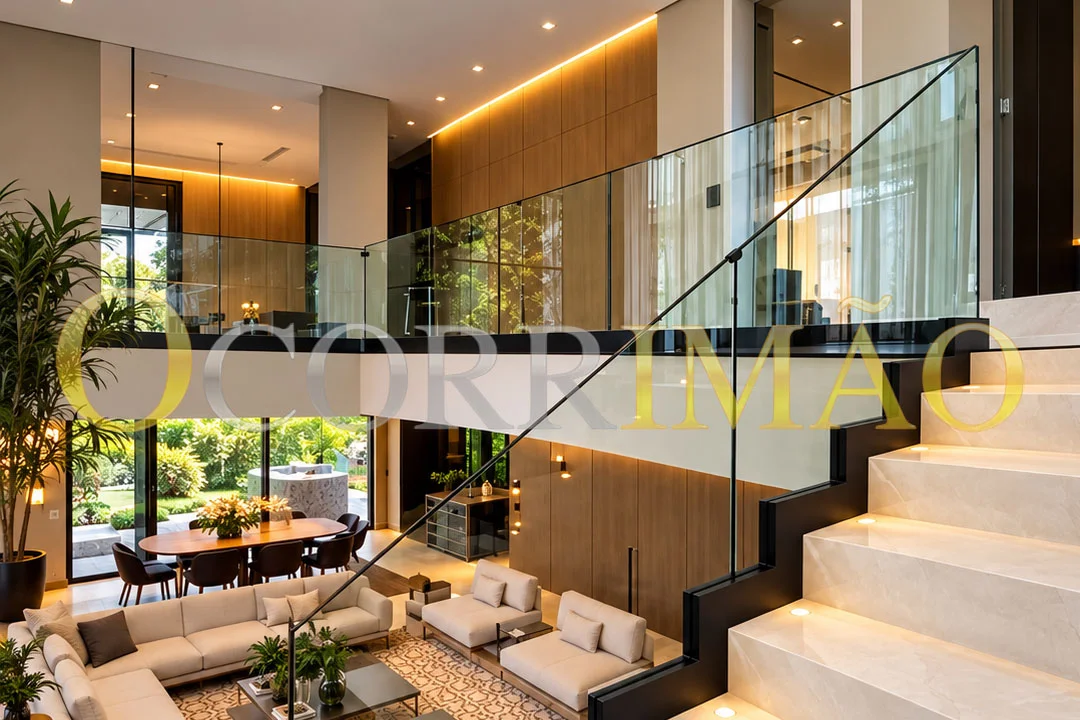 Guarda-corpo panorâmico de vidro com perfis pretos na escada e no mezanino de ambiente residencial, com degraus claros, iluminação quente e marca OCorrimão sobreposta.
