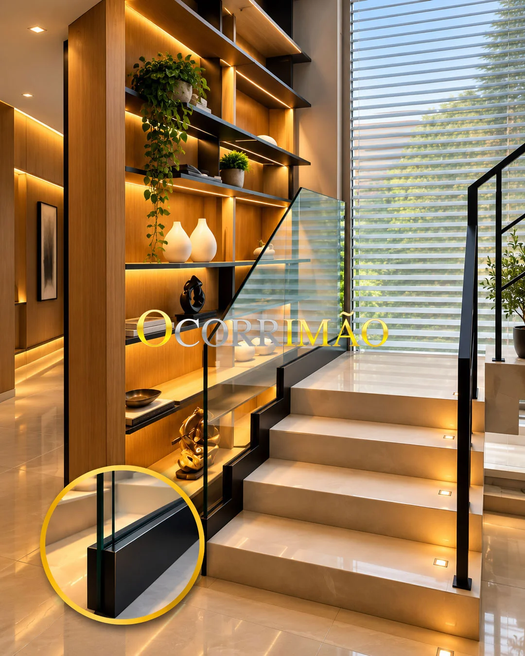 Escada de degraus claros com guarda-corpo panorâmico de vidro e perfil preto na base, ao lado de estante iluminada, com detalhe ampliado da fixação.